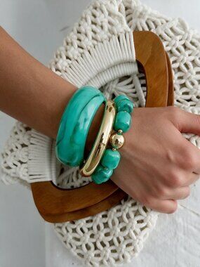 3-Piece Chunky Marbled Resin Gold-Tone Statement Bracelet Stack Set - TURQUOISE